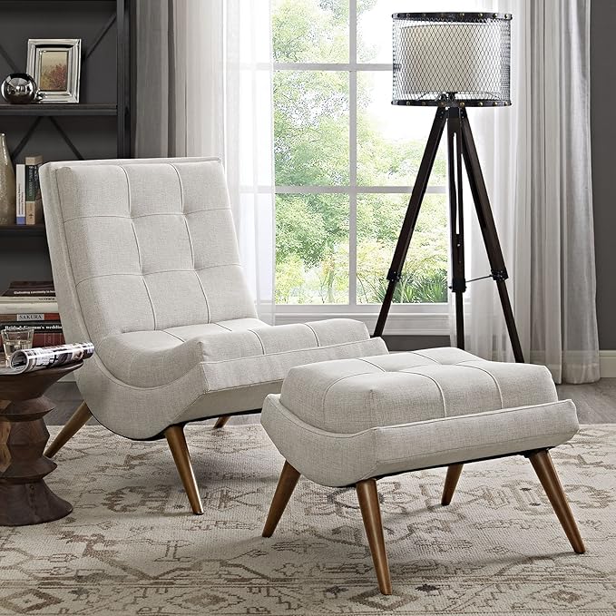 Modway Ramp Fabric Upholstered Lounge and Ottoman 2-Piece Set in Sand