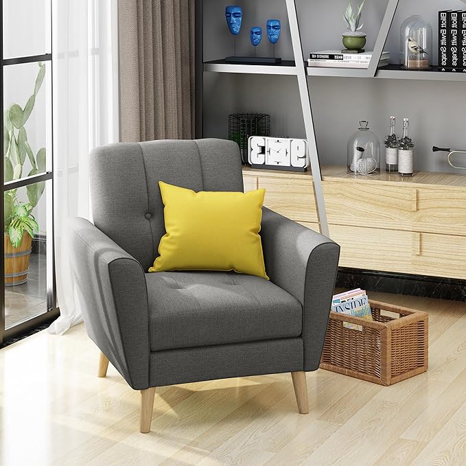 Christopher Knight Home Azjzi Mid-Century Club Chair Button Tufted Back Upholstered Fabric Accent Chair with Rubberwood Legs Living Room Armchair 33.5 High Gray