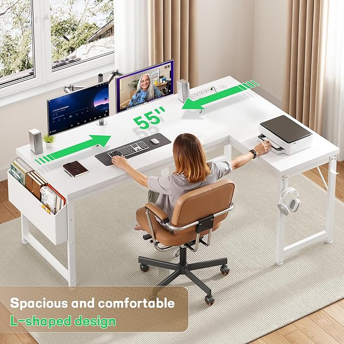 L Shaped Desk with 0.95 Inch Thicker Desktop &amp Storage Bag Computer Desk with Power Outlets &amp Lights Reversible Gaming Desk for Home Office Corner Desk Study Room Living Bedroom White