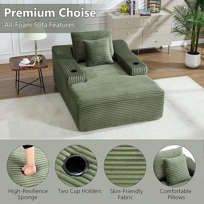 PELUMY 67 Oversized Chaise Lounge Sofa Bed Corduroy Boneless Sleeper Sofa with 2 Pillows &amp 2 Cup Holders Plush Cloud Couch for Living Room No Assembly Required (Green)