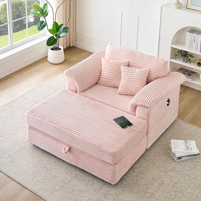 Oversized Chaise Lounge Chair with Storage Ottoman &amp USB Ports Fluffy Corduroy Cloud Couch Sleeper Sofa Bed with Arm Rest Comfy Overstuffed Sofa Chair Set for Living Room Bedroom (Pink)