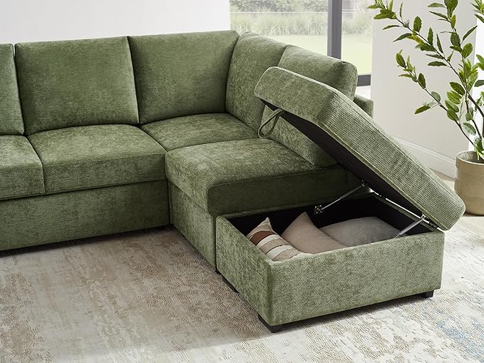 VANOMi 94 Sectional Sleeper Sofa with Pull Out Couch Comfy 6 Seater L Shaped Modular Sofa with Storage Ottoman Modern Convertible Chenille Cloud Couches for Living Room Apartment Olive