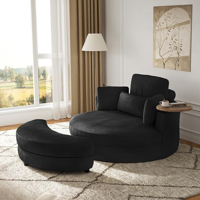 DEINPPA 51'' Accent Swivel Barrel Chair with Storage Ottoman Modern Oversized Round Leisure Sofa Chaise with Tray Pillows Corduroy Upholstered Lounge Chair for Bedroom Living Room Hotel Club Black