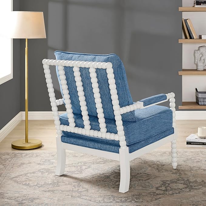 Roundhill Furniture Belvoir Upholstered Spool Accent Chair with Turned Wood Frame Denim Blue with White Finish