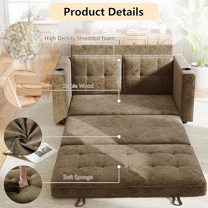 WorthFurni Convertible Sofa Bed Folding Sofa Bed 2 in1 Pull Out Loveseat Sleeper Sofa Floor Sofa Bed for Small Spaces Folding Couch Bed with Pillows for Living Room Bedroom - Brown