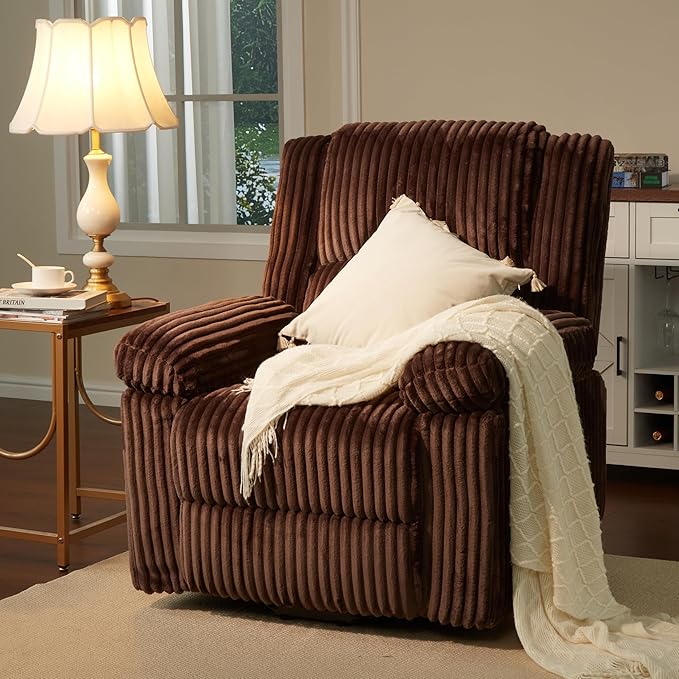 Garvee Corduroy Recliner Chair Manual Recliner Sofa with Handle Pillow Top Arms Thick Padding Side Pocket 330Lbs Capacity Adjustable Recliner for Living Room Bedroom Home Theater Brown