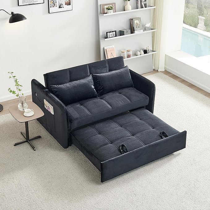 55.5 Velvet Convertible Sofa Bed Pull Out Sleeper Sofa Bed Loveseat Couch with USB Charging Ports 3 in 1 Convertible Sleeper Sofa Bed for Living Room Apartment Bedroom RV Black
