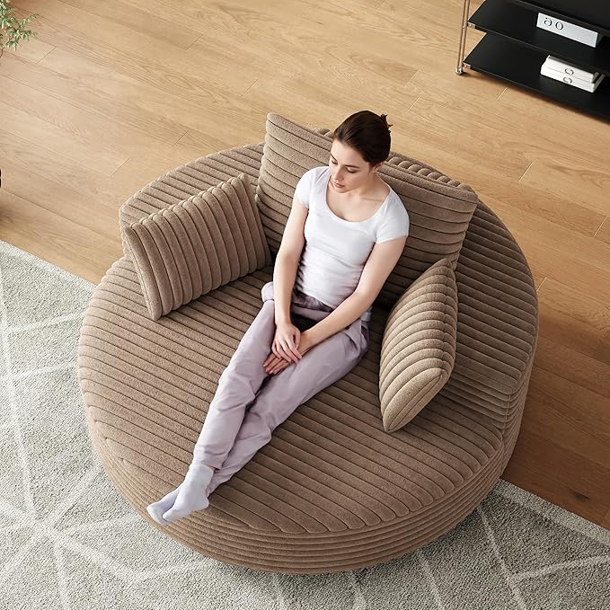 TTK 55” Oversized Corduroy Swivel Chair Fluffy 360° Rotating Sleeper Armchair with Pillows &amp Headrest Full Foam Barrel Chair for Living Room Bedroom Reading Nook Lounge or Apartment Brown
