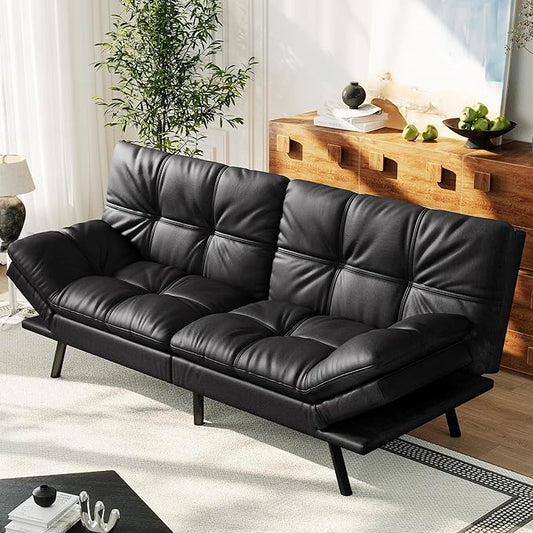 71 Convertible Futon Sofa BedFaux Leather Futon Couch BedMemory Foam Sleeper SofaModern Folding Small Loveseat for Living RoomOfficeApartmentMatte Black