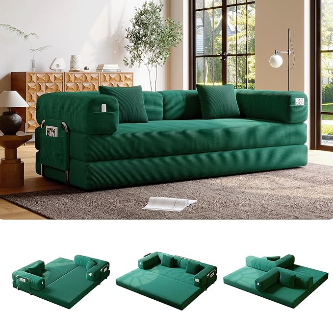 5-in-1 Folding Convertible Sofa Bed Loveseat Sleeper with Pull-Out Bed Floor Sofa Modular Futon Couch 79 Oversized Corduroy Upholstered Boneless Couch for Living Room Bedroom Lounge Green—A