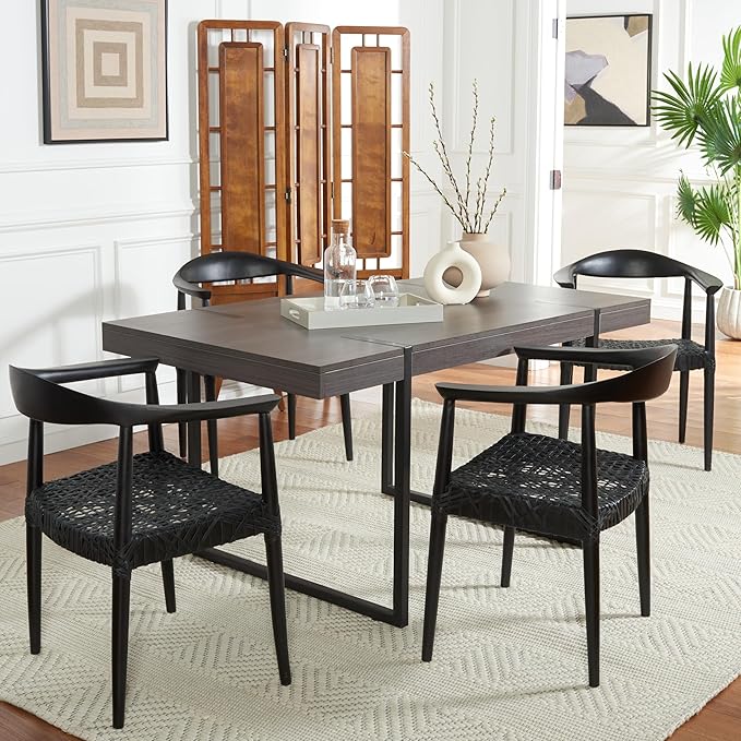 SAFAVIEH Home Collection – Wade Black Teak Wood Arm Chair with Woven Leather Web Seat Fully Assembled Mid-Century Modern Accent Chair (FOX1003B)