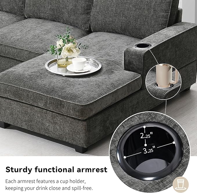 119 * 67 U Shaped Sectional Sofa6 Seat Chenille Corner Couch Set with Oversized Chaise LoungeIrregular Corner Deep and Wide Seat Comfy Sofa with Cup Holders for Living RoomApartment (Gray-V33)