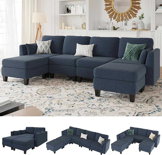 Modular Sectional Sofa 6 Seaters Modular Sleeper Sofa Couch Comfy Sectionals Couches Bed Convertible Sofas with Ottomans Sectional Couches for Living Room Blue