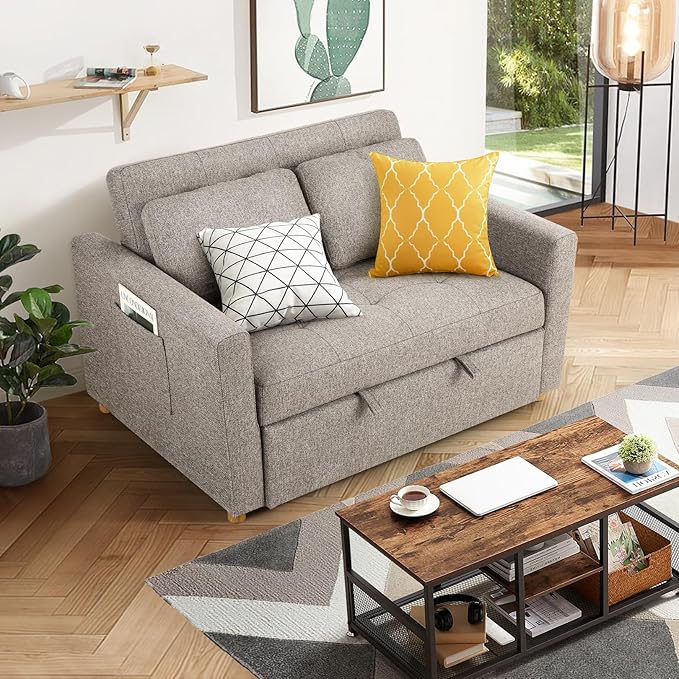 SEJOV 3 in 1 Folding Convertible Sofa Bed Futon Couches with Side Pocket Adjustable Backrest Linen Fabric Loveseat Sleeper Sofa for Living RoomBedroomApartment and Small SpaceBrown Grey