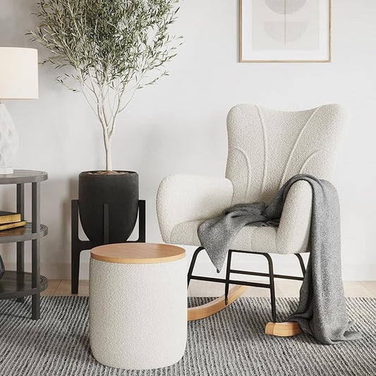 Rocking Chair - Teddy Fabric Upholstered Chair with Padded Seat and Contoured Armrests - Ergonomic Modern Rocker for Bedroom by Lavish Home (Cream)