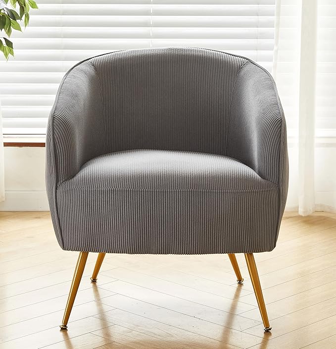 Modern Corduroy Accent Chair with Gold Metal Legs Channel Back Design and Soft Upholstery Comfortable Seating for Living Room Bedroom or Office Grey
