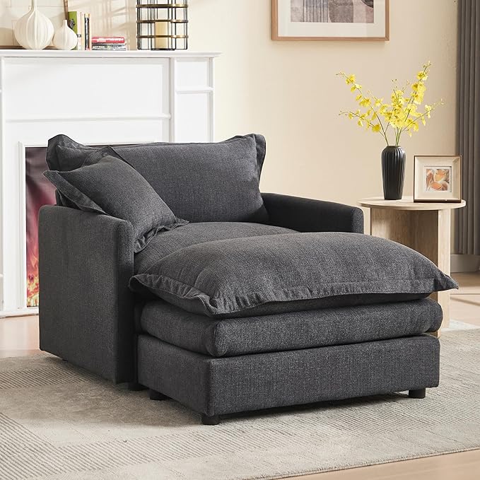 Oversized Chair with Ottoman Upholstered Comfy Single Sofa Chaise Lounge Chair Indoor for Reading Living Room Bedroom Office(Linen Black)