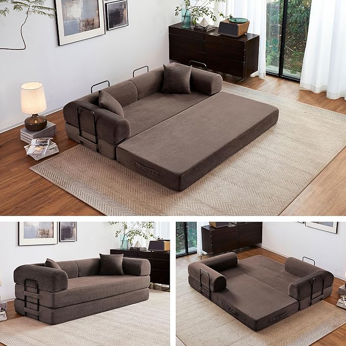 79 5-in-1 Folding Convertible Sofa Bed Oversized Corduroy Futon Floor Couch with Pull-Out Sleeper Modular Boneless Loveseat for Small Spaces Living Room Bedroom (Brown)