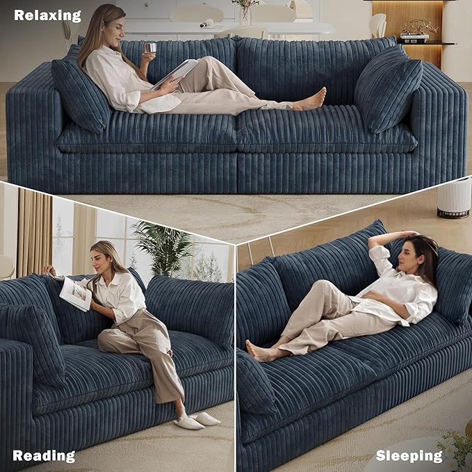 Boneless Corduroy Modular Couch with Removable Cushion 78.8 Comfy Cloud Couch for Small Spaces Deep Seat &amp Memory Foam No Assembly Required Compression Couches for Small Spaces(Blue) | Fluffy