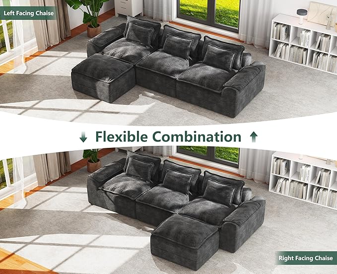 Hobestluk 120 Cloud Modular Sectional Couch 3-Seater Sofa with Ottoman L Shaped Sofa with Removable Cover Large Sofa Couch for Living Room (Dark Grey 3-Seater Sofa with One Ottoman)
