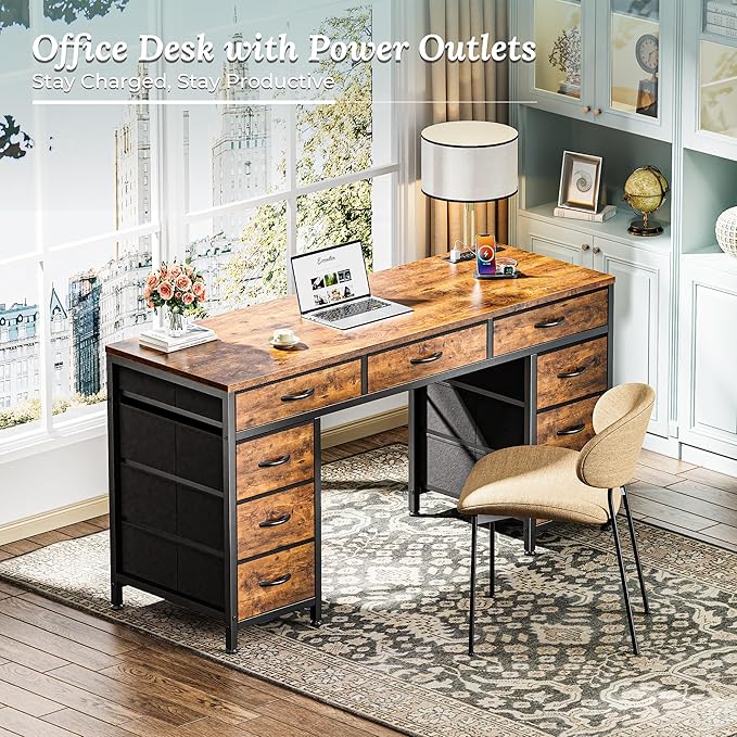 PRAISUN 54 Inch Office Desk with Outlets Computer Desk with 9 Fabric Drawers Writing Gaming Work Study Desk for Bedroom Living Room Home Office Large Storage Rustic Brown