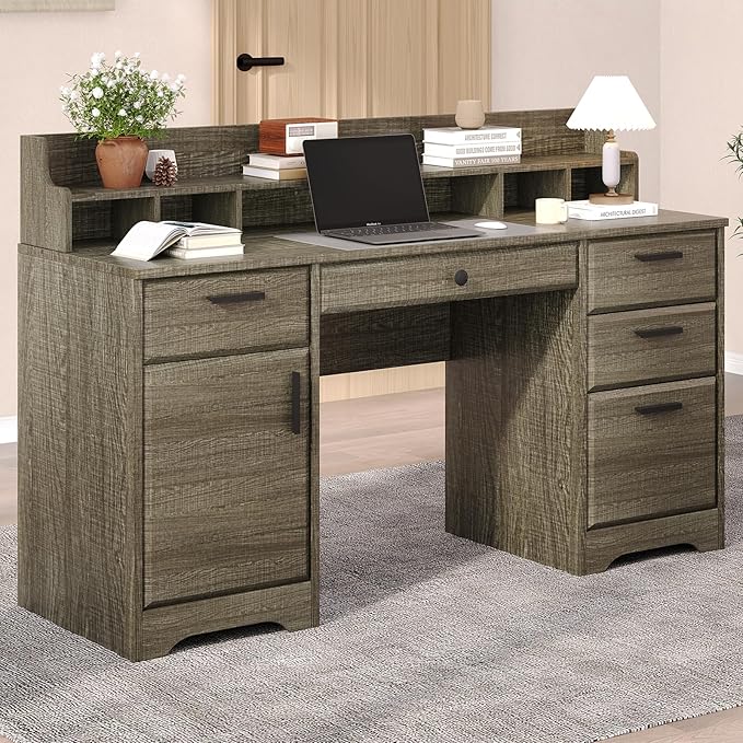 58 Inch Executive Desk with File Drawers Computer Desk with Storage Rustic Desk with Adjustable Shelves Office Desk with Hutch for Bedroom Grey