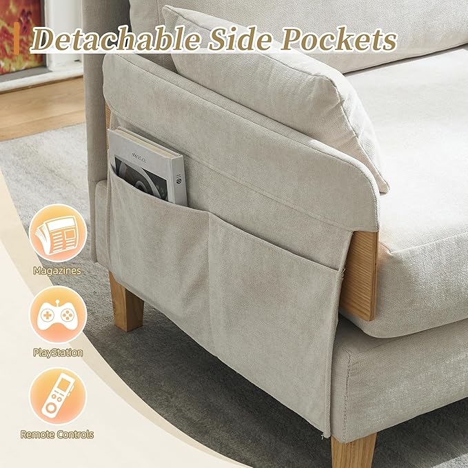 Mid-Century Modern Accent Chair 2-in-1 Foldable Sofa Couch Convertible Sleeper Bed Extra Wide Upholstered Armchair with 3 Pillows &amp Side Pocket for Living Room Bedroom (Beige)