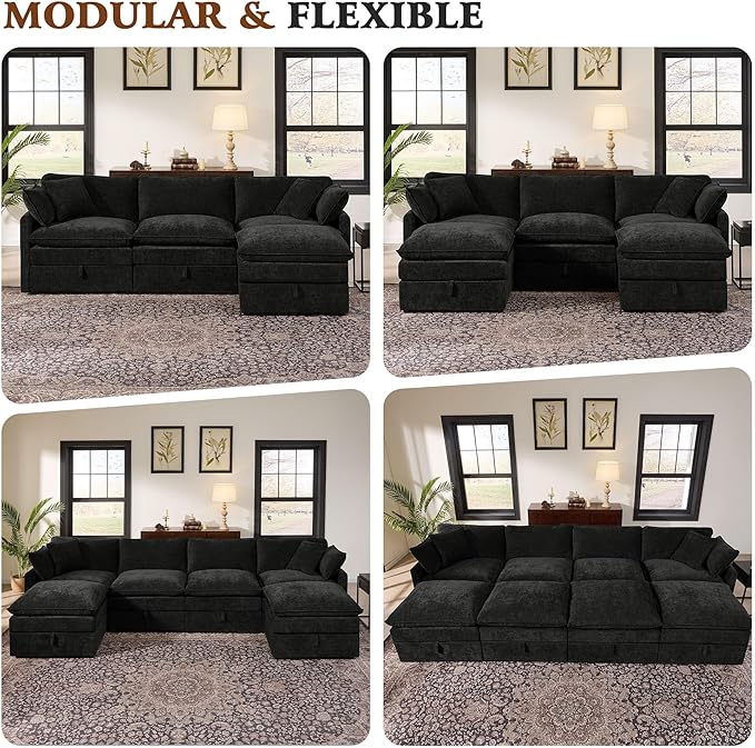 Ihanherry 103 Modular Sectional Sofa with Storage L Shaped Cloud Couch with Movable Ottomans &amp 4 Pillows Chenille Deep Seat Sectional Couches for Living Room Apartment (Black)