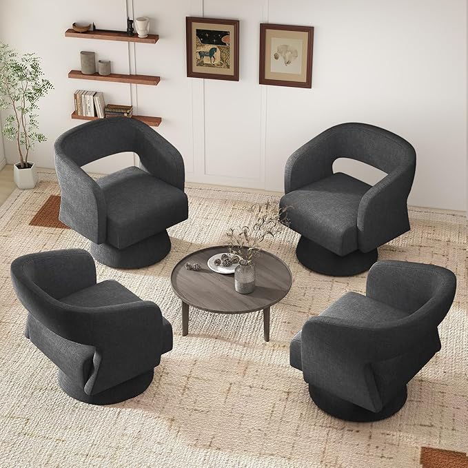 Swivel Accent Chair Set of 2 Modern Comfy Chenille Barrel Chairs Oversized Upholstered Round Arm Chair for Living Room Bedroom Reading Room Black