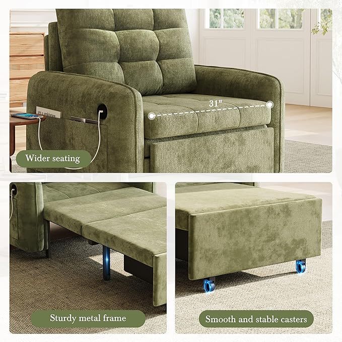 SLEERWAY 3-in-1 Convertible Sleeper Chair Bed Pull Out Sofa Bed with USB Charging Modern Single Lounge Chair with Side Storage Pocket &amp Pillow Multi-Functional Futon Couch for Living Room Gree