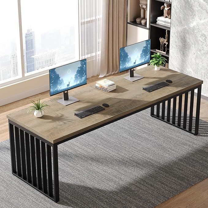 Tribesigns 78.74 Extra Long Computer Desk 2 Person Desk Double Long Desk with Heavy Duty Metal Frame Double Workstation Study Table for Home Office Brown (Without Chair) (Gray &amp Black)