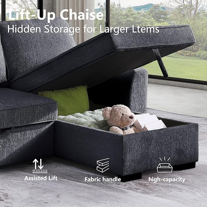 INSTORY Sectional Sleeper Sofa with Pull-Out Bed Drop-Down Table USB &ampType-C Port Cup Holders Dark Gray
