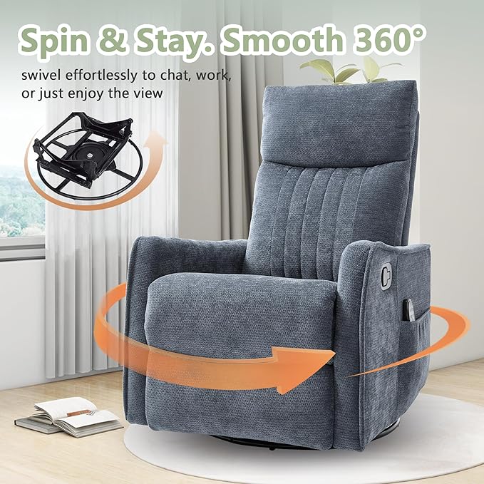 cinkehome Heated Massage Swivel Rocker Recliner Chair for Nursery - Small Space Reclining Chair with Lumbar Support 360° Swivel &amp Gentle Rocking Ergonomic High Back Chenille Fabric Blue