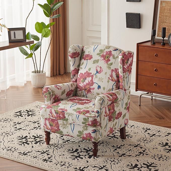 MELLCOM Floral Accent Chair High Back Upholstered Armchair with Solid Legs Leisure Single Sofa Chair for Living Room Bedroom Home Office Pink Floral