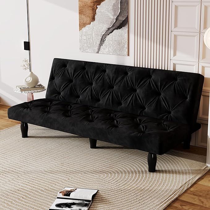 Modern Convertible Futon Sofa Bed Adjustable Loveseat Futon Couch with Metal Legs Upholstered Sofa Bed with Wood Frame Sleeper Couches for Small Compact RV Living RoomOffice (Black-Velvet)