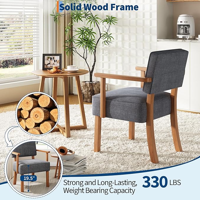 GarveeHome Linen Fabric Accent Chair Mid-Century Modern Armchair with Classic Vertical Stripe Reading Leisure Chair with Wood Frame for Living Room Grey
