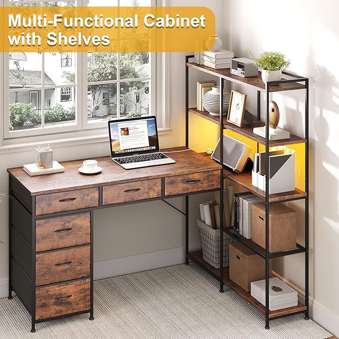 Garvee L Shaped Gaming Computer Desk with 6 Fabric Drawers Corner Gaming Desk with Open Shelves Home Office PC Table with Power Outlets &amp LED Lights 58.3 l*54.3 h Rustic Brown