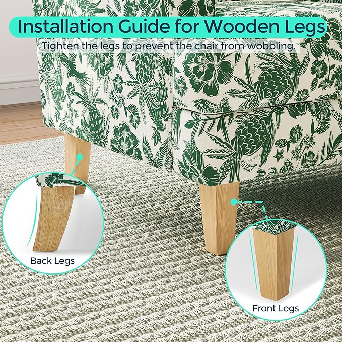 LINSY Floral Accent Chair Large Lounge Armchair with Rubberwood Legs Farmhouse Reading Chair Comfy Oversized Single Sofa Chair for Living Room Bedroom Office Study Floral Green