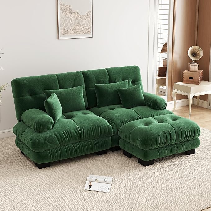 94.4 L-Shape Modular Cloud Sectional Sofa with Chenille Plush Fabric - 2 Seater Couch with Deep Seat and Movable Ottoman for Living Room Apartment and Office - Green