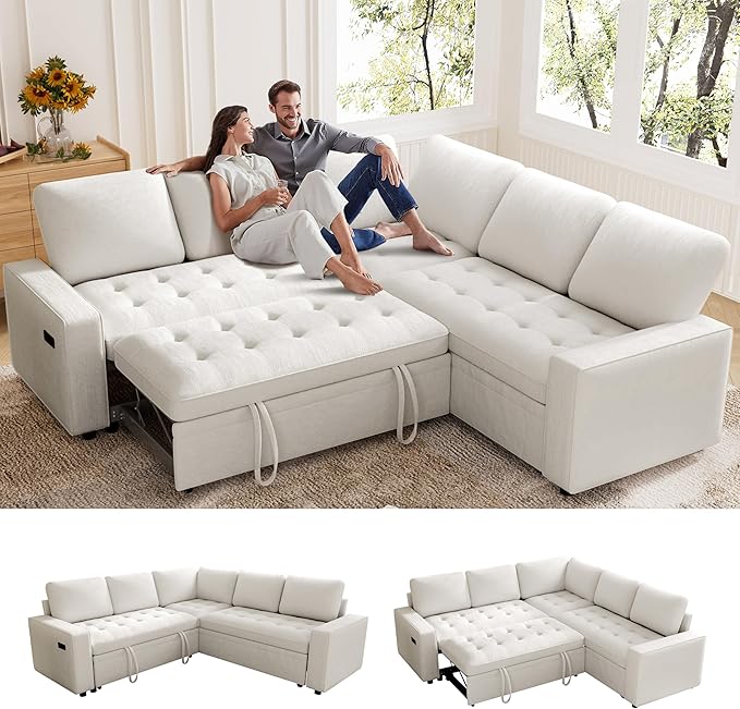 Vipbear 85 Inch Modular Sectional Sofa with Pull Out Bed Chenille L Shaped Sectional Sofa with USB Ports/Reclining Backrest/Storage Seats Tool-Free Assembly Sofa Couch for Living Room Begie