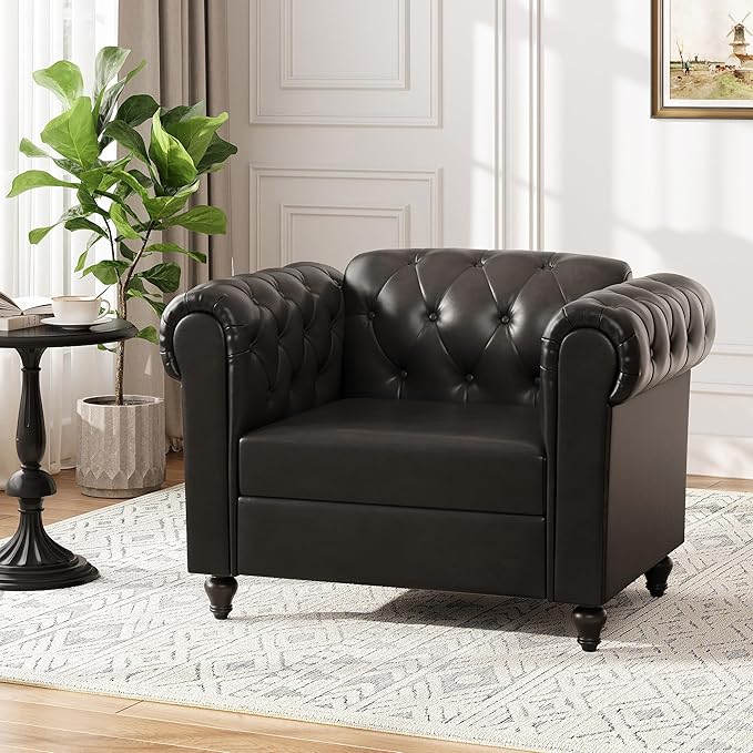 Black Faux Leather Accent Chairs Button-Tufted Upholstered Club Chair Retro Armchairs Mid Century Modern Accent Chair with Solid Wood Legs Cozy Chesterfield Couch Chairs for Living Room Bedroom