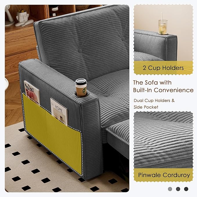 74'' Convertible Sofa Bed 2-in-1 Velvet Sleeper Sofa for Small Spaces Modern Loveseat &amp Guest Bed Apartment &amp Dorm FurnitureDark Grey | Convertible Sofa Bed