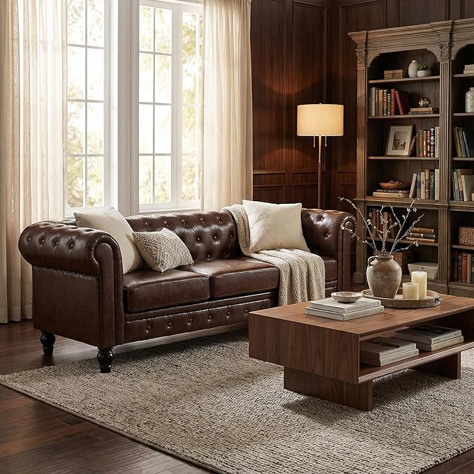 Chesterfield PU Leather Couch 3 Seater Sofa 89 Modern Luxurious Large Button-Tufted Sofa Couch Home Upholstered Deep Seat Sofa for Living Room Furniture Brown