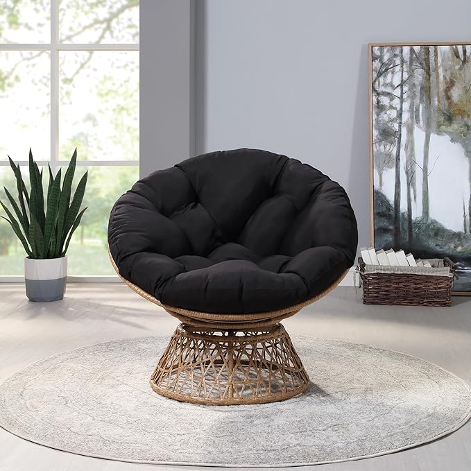 OSP Home Furnishings Wicker Papasan Chair with 360-Degree Swivel Natural Frame with Black Cushion