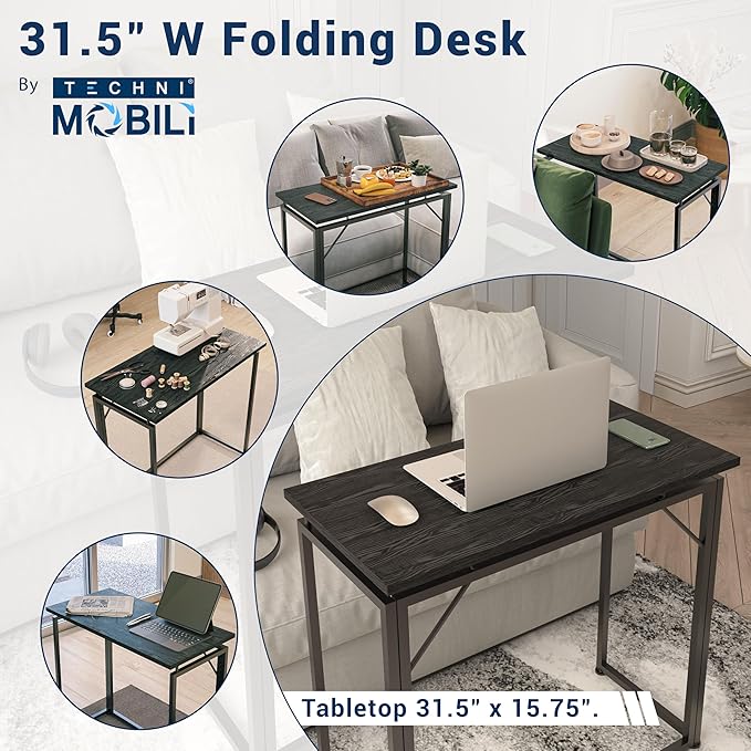 31.5 Wide Folding Desk for Small Spaces Compact Folding Table for Bedroom Apartment Study or Dorm Ideal for Living Room TV Dinners Side Table Use Laptop Desk No Assembly Required Black