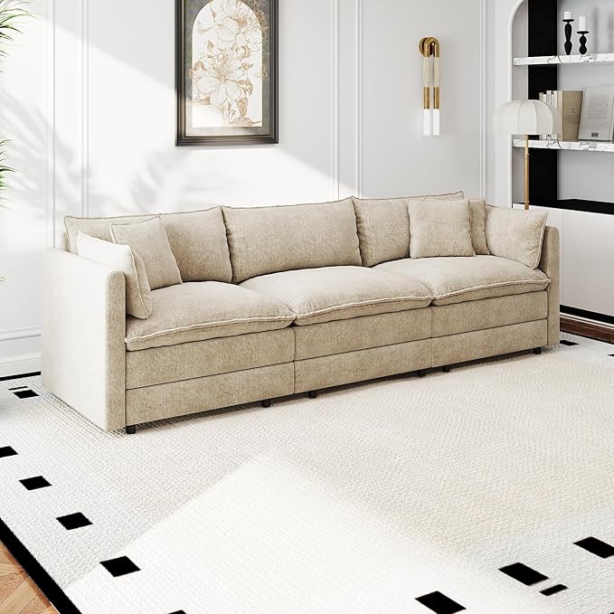 Aoowow Modular Sectional Sofa112.2 Inch Modern Deep 3-Seater Sofas Comfy Chenille Cloud Sofas and Couches with Pillows for Living Room Apartment（Camel）