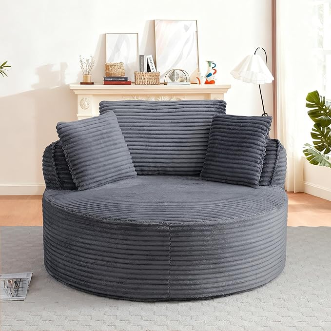 53W Oversized Round Chair Lounge Chaise Indoor Corduroy Comfy Circle Reading Armchair Upholstered Modern Cloud Boneless Chairs Cozy Floor Sofa Chair for Living Room Bedroom Apartment(Grey)