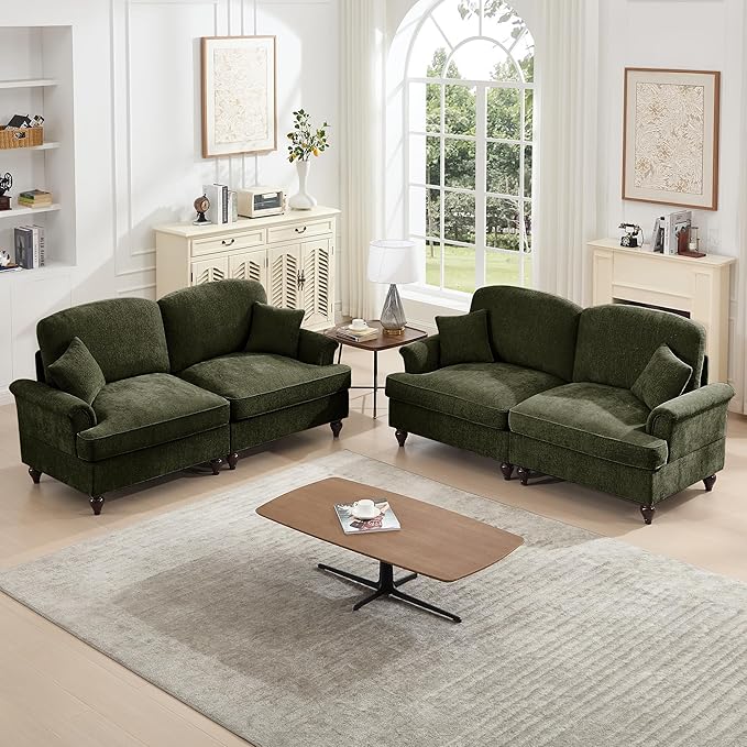 2 Piece Modular Sectional Couch Living Room Sofa Set 2 Seater+2 Seater Loveseat Sofa Sets for ApartmentRemovable Ruffles Pleats SkirtsGreen