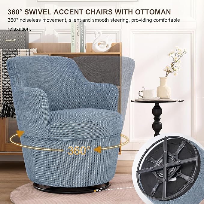 LOULENS Swivel Accent Chair and Ottoman Set Linen Fabric Upholstered Modern Barrel Chair with Ottoman Comfy Single Sofa Armchair with Footrest for Living Room Bedroom Reading Blue