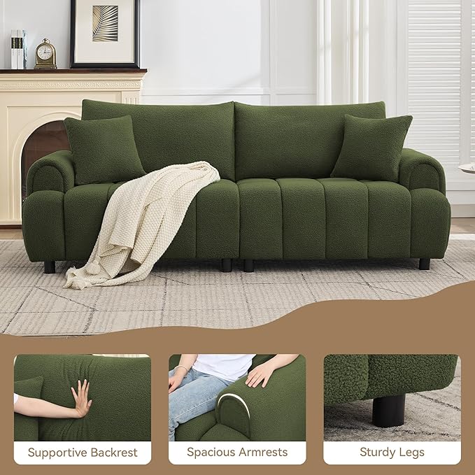 88 Modern Boucle Sofa Couch Oversized Comfy 3 Seater Sherpa Curved Sofas Deep Seat Upholstered Loveseat Teddy Round Arm Couches for Living Room Bedroom Green